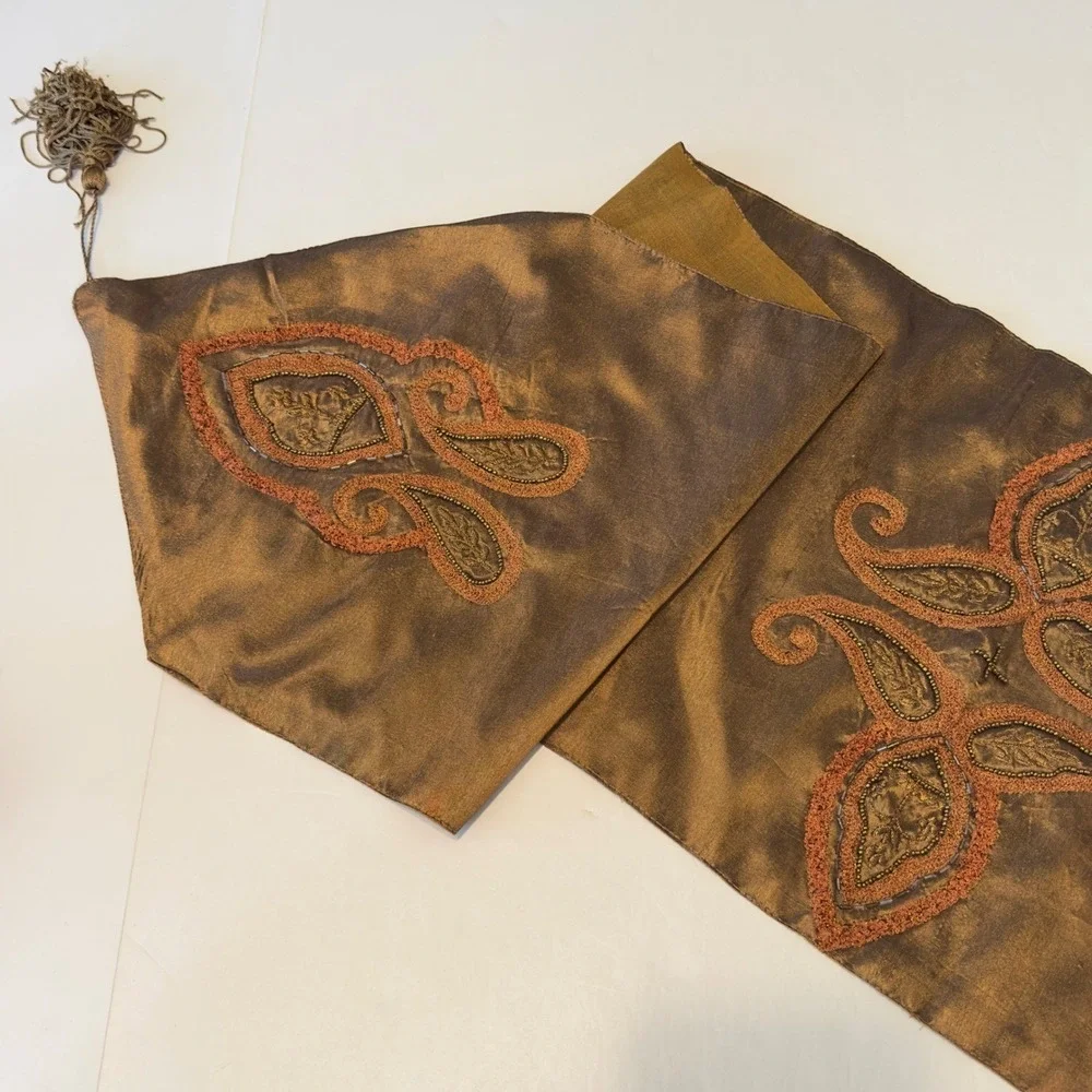 Bronze Beaded Embroidered Table Runner Paisley Copper Tassels India 72x12.5